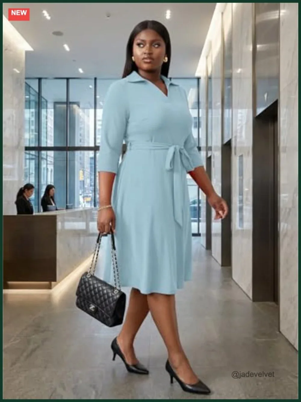 Plus Size Midi Cocktail Dress with Pockets and Belt, 3/4 Sleeve